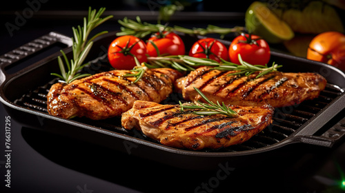 Barbecued chicken breasts on a grill pan