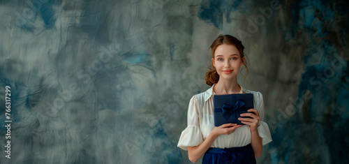 Banner de joven con ojos azules mostrando una caja de regalos azul photo