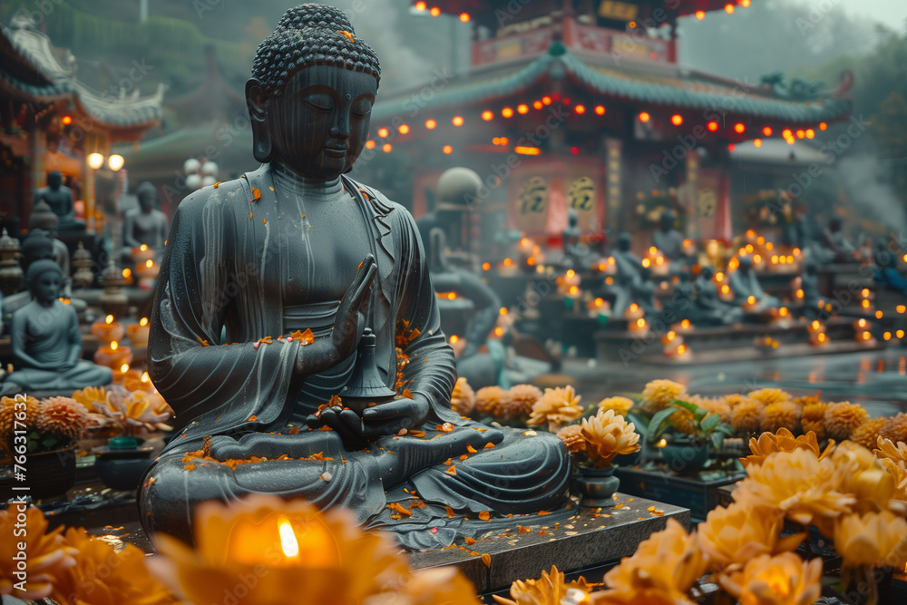 Buddha statue surrounded by floral offerings and flickering candles  Wesak or Vesak Day