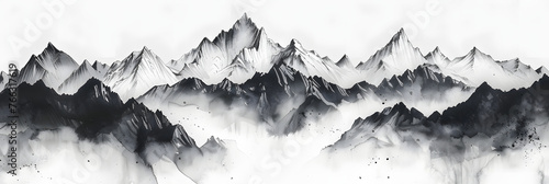 watercolour black and white mountains in winter with white background photo