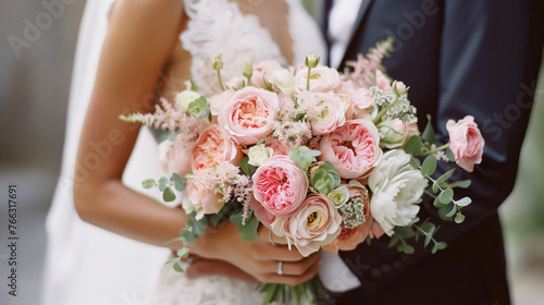 Bride and groom with a large wedding bouquet of pink flowers