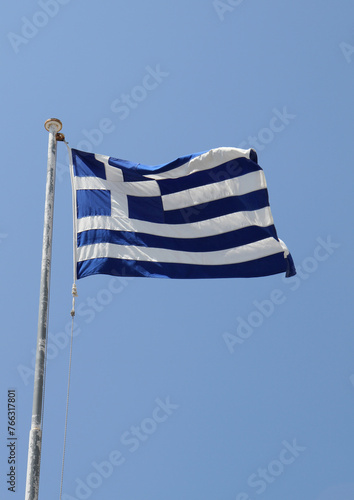 National Flag of Greece flying in the Air  in Samos, Greece