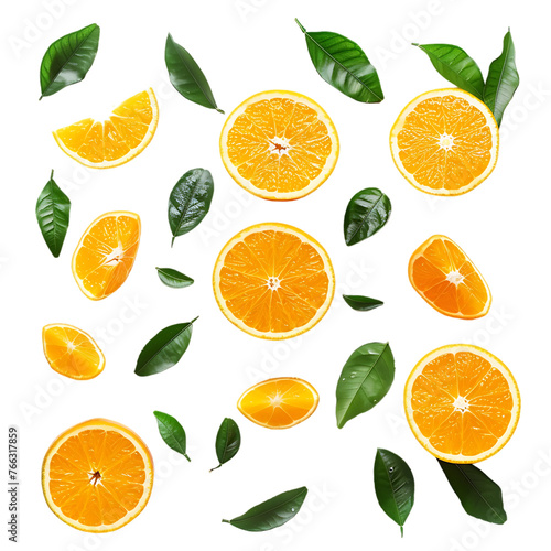 Orange with sliced and green leaves isolated on white background 
