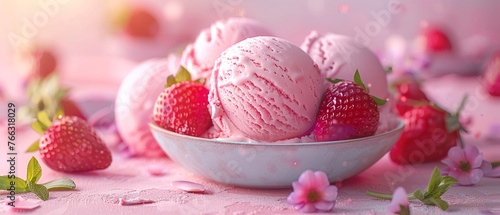 Strawberry ice cream scoops, fresh and vibrant, morning light, side view 3DCG