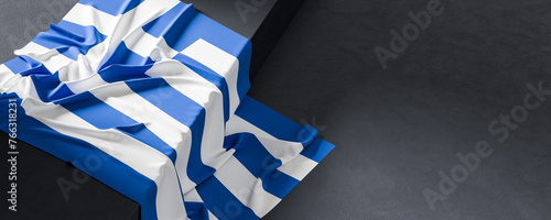 Flag of Greece. Fabric textured Greece flag isolated on dark background. 3D illustration