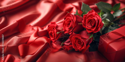 Valentine's Day Red Roses bouquet and gift box over silk background.