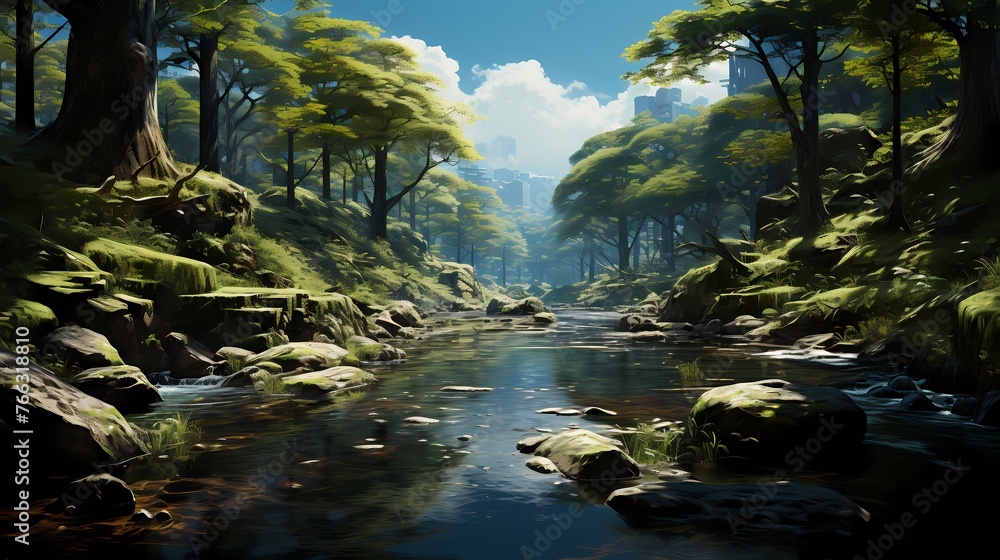 A serene forest clearing with a crystal-clear stream flowing through it, surrounded by lush greenery.