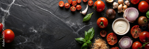 Ingredientes para una deliciosa pizza italiana sobre mesa de piedra de pizarra, tomates, cebollas, queso, cilantro, champiñones y otros ingredientes.