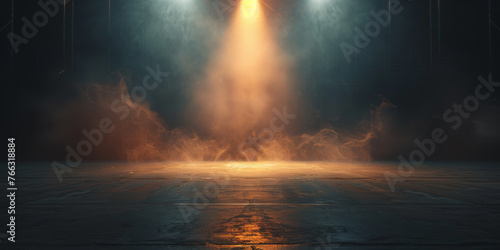 A spotlight shines on the dark background  empty dark blue room background with smoke and floor  Empty stage with blue spotlights  conser  show  party  Presentation concept. banner