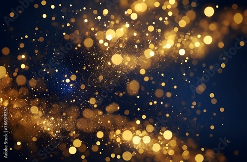 abstrack background with dark blue and gold particle. golden and soft blue light shine particles bokeh on dark blue background.