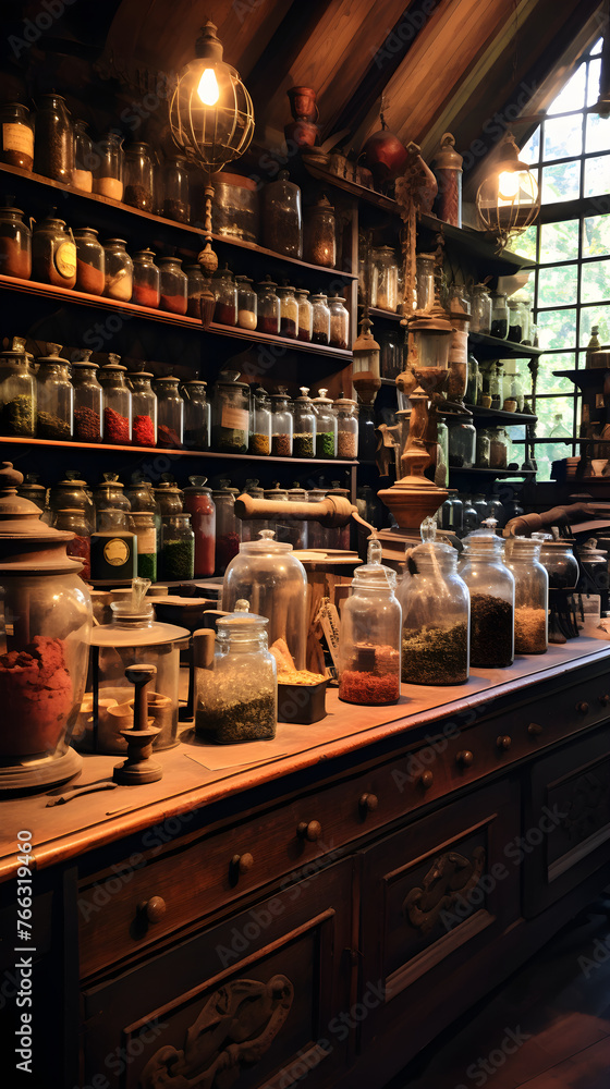 Vintage Apothecary Store with Pharmacist Studying Old Medical Texts
