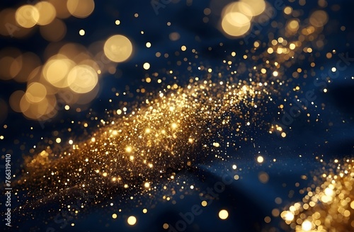 abstrack background with dark blue and gold particle. golden and soft blue light shine particles bokeh on dark blue background.