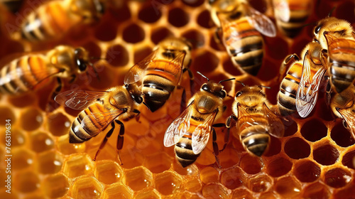 Closeup of honey bees on wax honeycomb