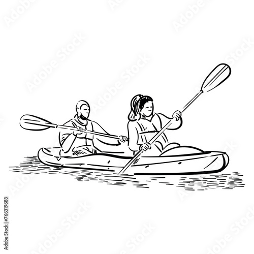 Sketch of kayaking people on river, lake , man , woman. view from front, Hand drawn Vector illustration isolated. Doodle sketch sport.