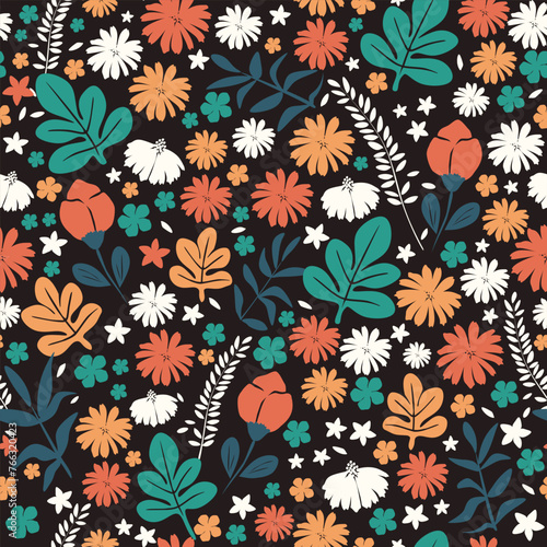 Vector illustration. Seamless floral pattern on a dark background, flowers, leaves. Ditsy floral pattern, field of flowers, print for fabric, textile, wallpaper, clothing, packaging