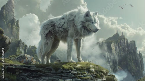 A fantastical realm of magic and wonder, where mythical direwolves, legendary creatures of immense size and strength, roam the mystical landscape,  photo