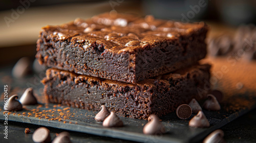 Fresh dark chocolate brownies on dark surface. Dark background. Sweet. Moist. Treat.