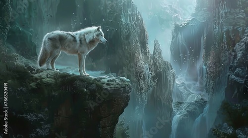 A fantastical realm of magic and wonder, where mythical direwolves, legendary creatures of immense size and strength, roam the mystical landscape, 