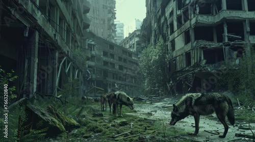 A post-apocalyptic cityscape reclaimed by nature, where a pack of urban wolves roams the crumbling streets and derelict buildings