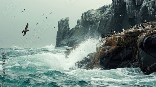A rugged coastline battered by crashing waves, where a pod of sea wolves, adept swimmers and hunters photo