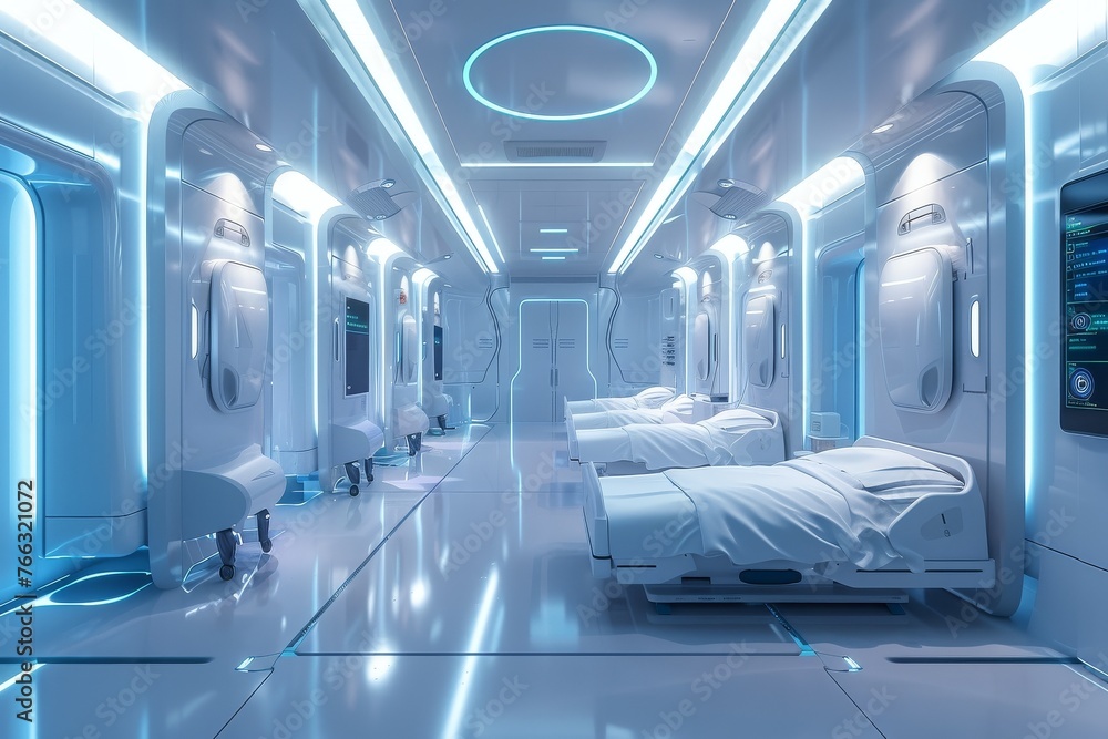 A futuristic hospital ward where AI monitors patient health through natural language processing of verbal feedback in a bright - obrazy, fototapety, plakaty 
