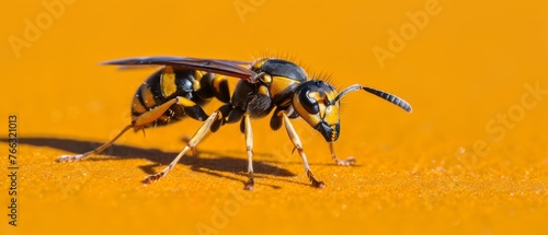 A zoomed-in photo of a yellow and black insect resting on a yellow background, with water beads on its wings © Wall