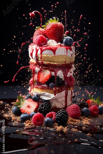 A deconstructed cheesecake, with floating layers and berries, Flying Food shot, studio lighting