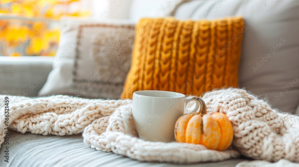 Cozy Autumn Setting with Coffee and Pumpkin