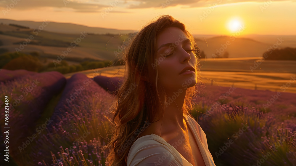 Young woman looking up at the sky at sunset Young woman looking up at the sky at sunset