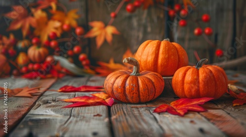 Pumpkins and Fall Leaves on Rustic Wooden Table