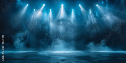 emptry Free stage with lights and smoke  Empty stage with blue spotlights  conser  show  party  Presentation concept. dark navy blue spotlight strike on black background. banner design