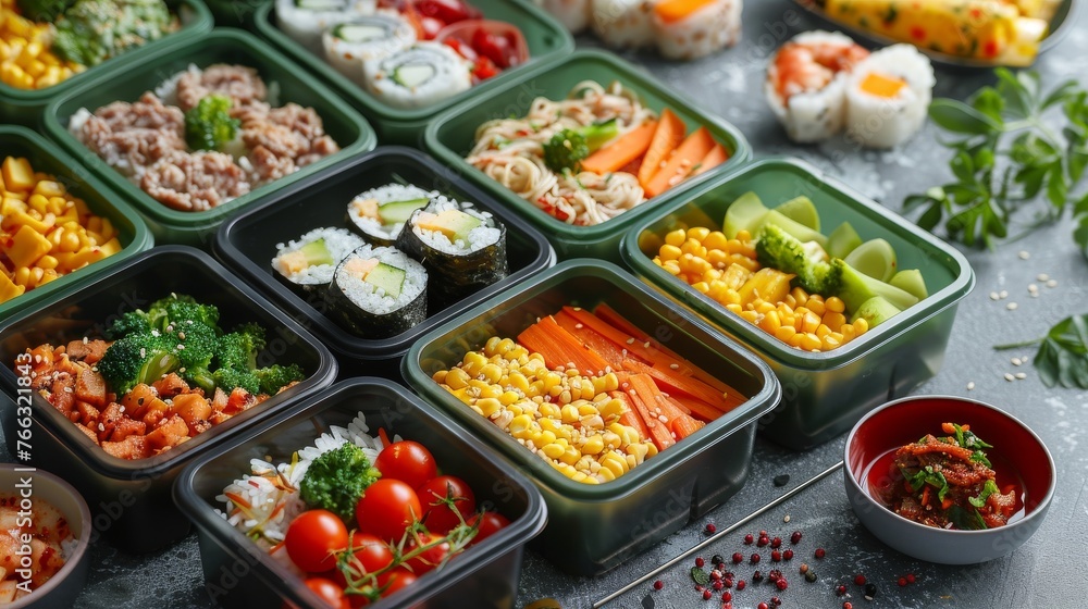 Lunch boxes with healthy organic and nutritious food for schoolchildren on colorful background. Back to school concept. Generative ai Lunch boxes with healthy organic and nutritious food for schoolchildren on colorful background. Back to school concept. Generative ai