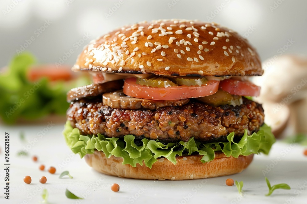 Close-Up Shot of a Plant-Based Burger on a Table Close-Up Shot of a Plant-Based Burger on a Table