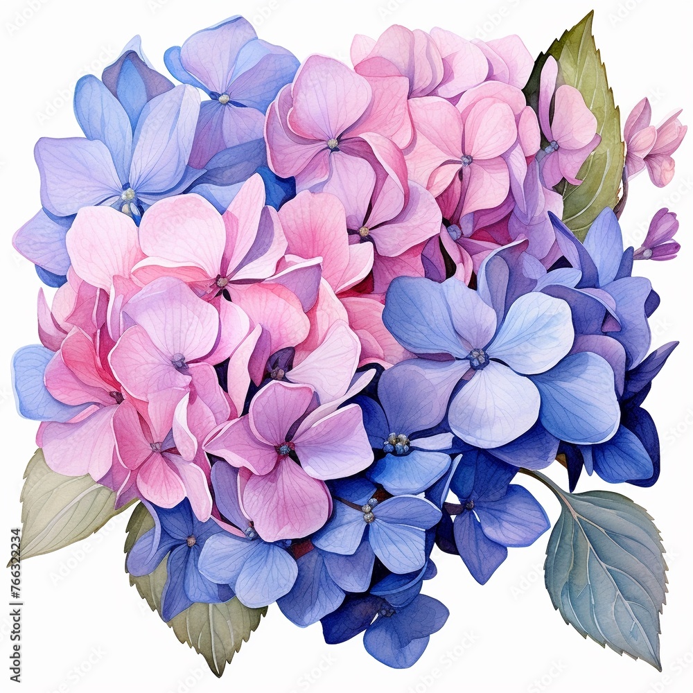 Watercolor hydrangea clipart with clusters of blue, purple, and pink flowers