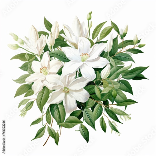 Watercolor jasmine clipart featuring delicate white flowers and green leaves