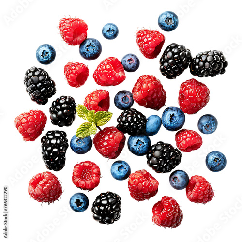 wild berries mix, raspberry, blueberries, blackberries isolated on white background, clipping path, full depth of field 