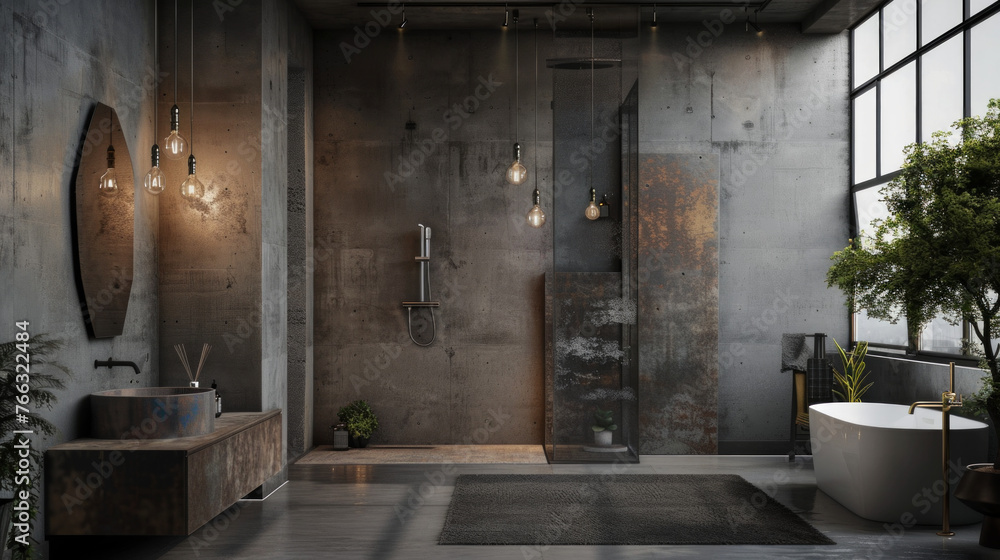 A contemporary industrial bathroom with concrete walls, stainless steel fixtures, and Edison bulb lighting for an urban loft aesthetic