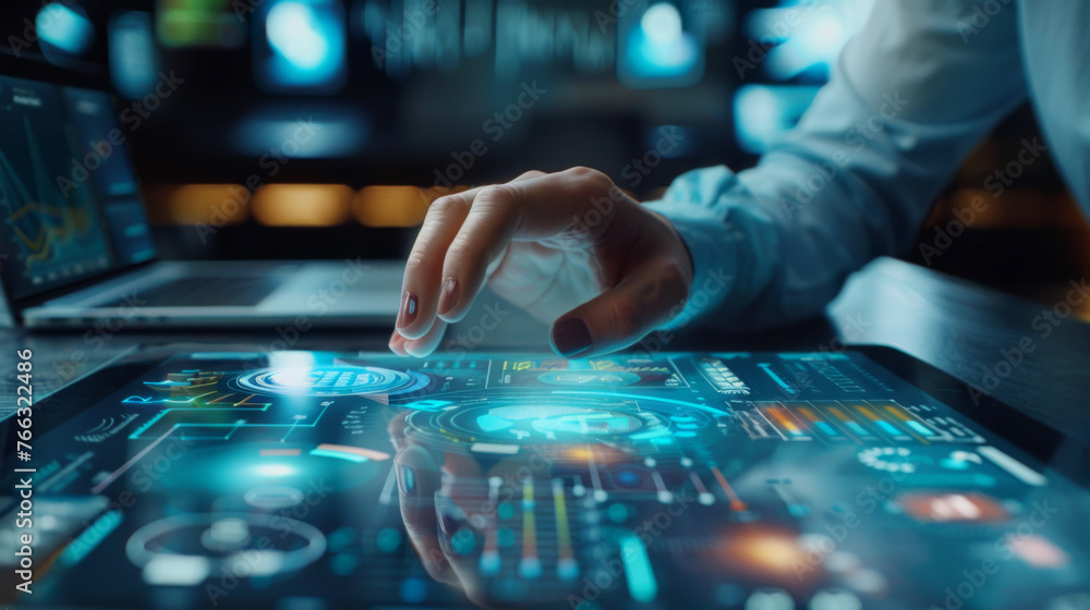 A pair of hands interacts with a futuristic holographic touchscreen display. A pair of hands interacts with a futuristic holographic touchscreen display.