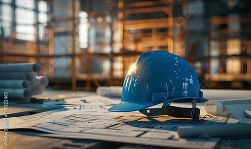 construction helmet above the blue blueprint