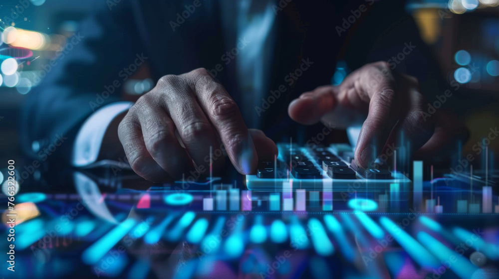 A pair of hands typing on a backlit keyboard with digital graphics overlayed.