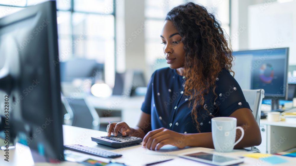 A professional woman is analyzing data on a computer screen in a modern office. A professional woman is analyzing data on a computer screen in a modern office.