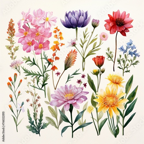 Watercolor wildflower clipart featuring a mix of colorful blooms and greenery © chayantorn