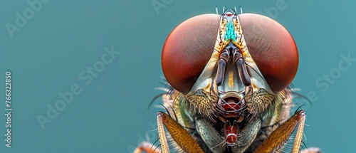  A closeup of a fruit fly's head against a blue sky is the description photo