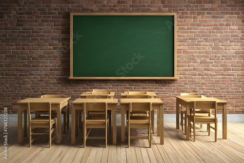 classroom without student with wooden furniture and green blackboard on brick-wall-rendering. School classroom with blackboard