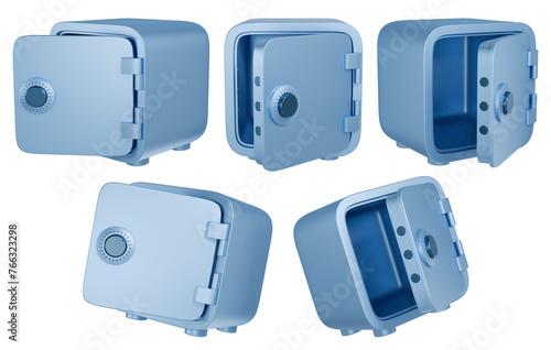 Open cartoon safe set. Isolated blue metal safes in different angles. 3D rendering.