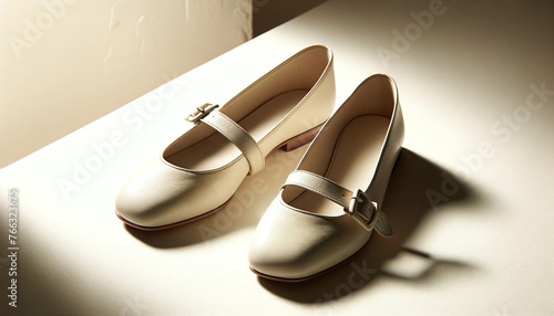 Elegant Ivory Leather Mary Jane Flats with a Classic Buckled Strap Design