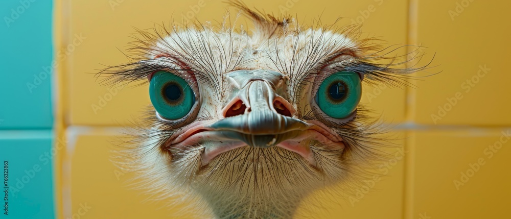A macro shot of an ostrich head on a tiled background A macro shot of an ostrich head on a tiled background