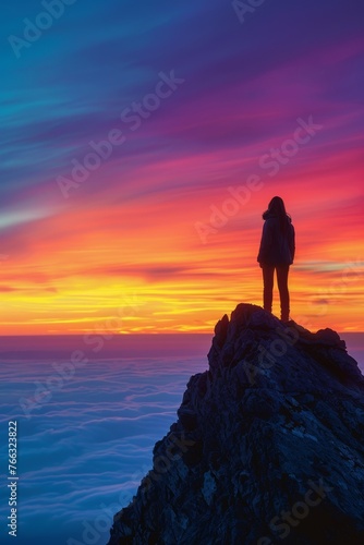 Woman on a mountain peak at dawn minimalist
