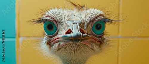  A macro shot of an ostrich head on a tiled background