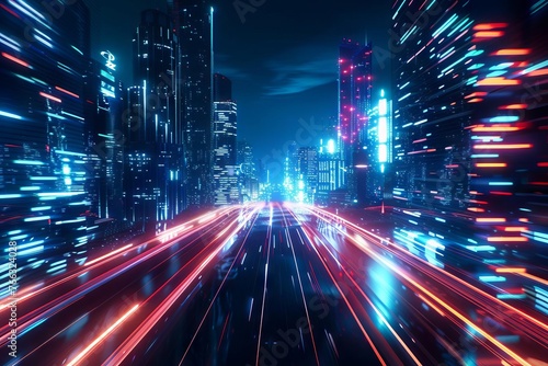 Abstract speed light trails in smart modern city with futuristic skyscrapers, neon technology background, motion effect 3D illustration